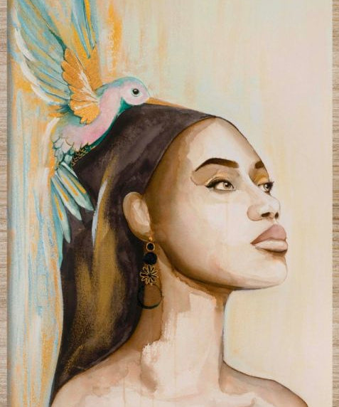 Woman and hummingbird (Outlet) Walldecoration Wandkraft Akoestisch Vilt 80x120 cm Baklijst Blank
