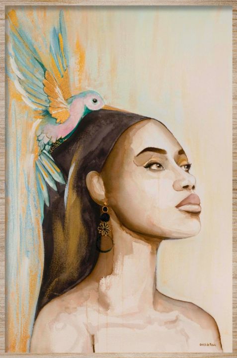 Woman and hummingbird (Outlet) Walldecoration Wandkraft Akoestisch Vilt 80x120 cm Baklijst Blank