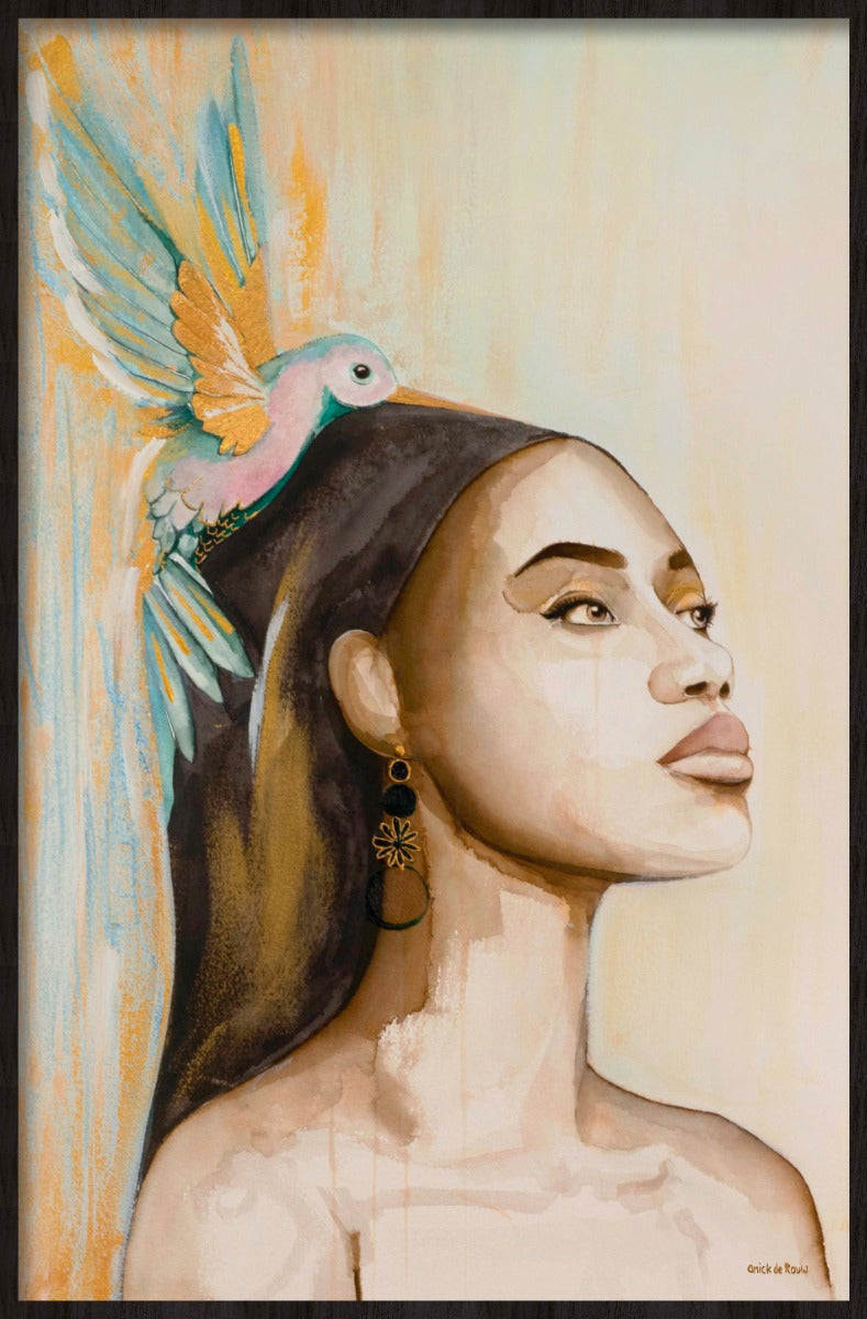 Woman and hummingbird (Outlet) Walldecoration Wandkraft Forex 98x148 cm Houten lijst blank