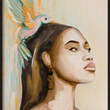 Woman and hummingbird (Outlet) Walldecoration Wandkraft Forex 98x148 cm Houten lijst blank