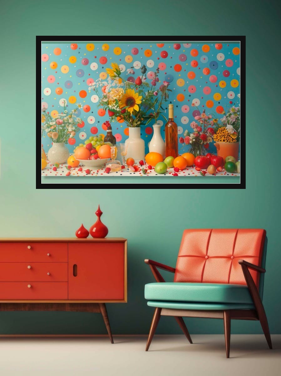 Kleurrijke woonkamer met retro oranje stoel en de Wandkraft Sunny Celebration wanddecoratie in een strakke zwarte lijst voor een maximalistisch interieur voor een stijlvol interieur