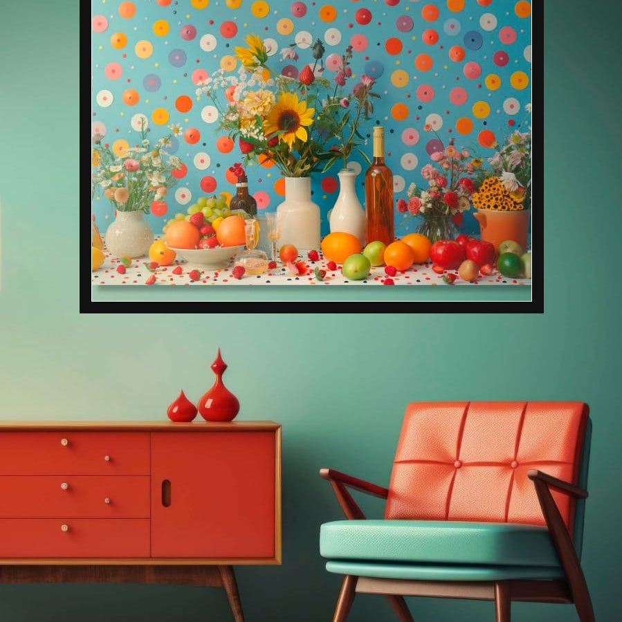 Kleurrijke woonkamer met retro oranje stoel en de Wandkraft Sunny Celebration wanddecoratie in een strakke zwarte lijst voor een maximalistisch interieur voor een stijlvol interieur