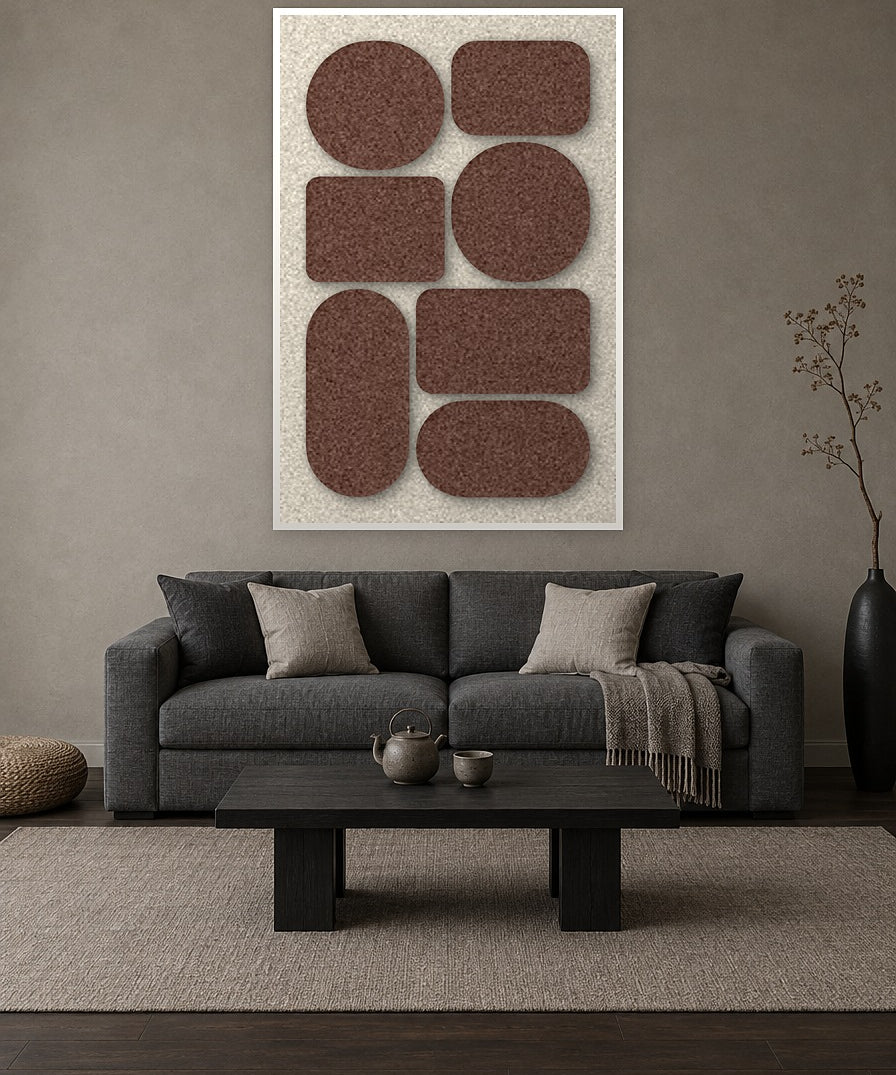 Monolith Cocoa viltpaneel met witte baklijst aan de wand in een rustig Japandi-interieur