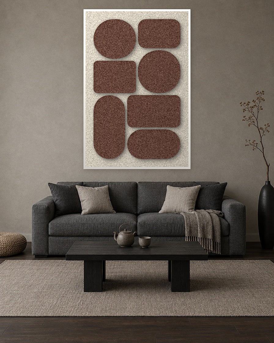 Monolith Cocoa viltpaneel met witte baklijst aan de wand in een rustig Japandi-interieur
