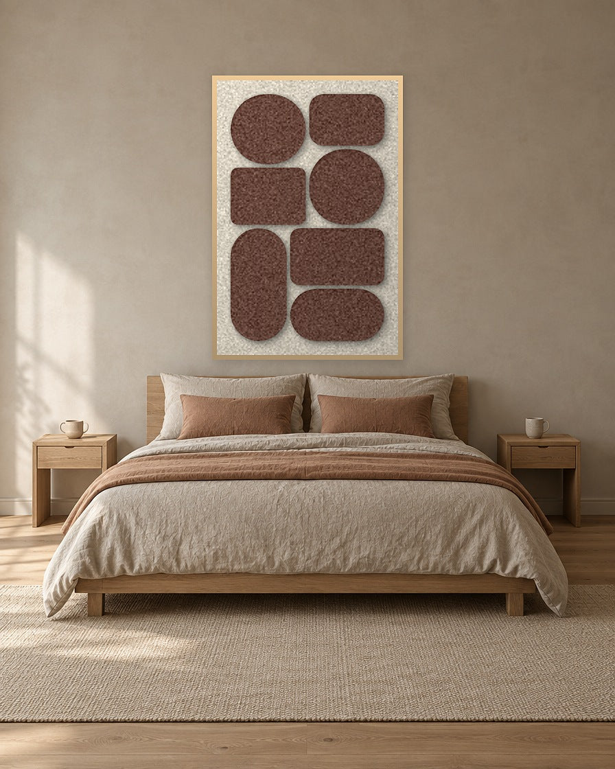 Monolith Cocoa viltpaneel met blanke baklijst aan de wand in een Japandi-slaapkamer