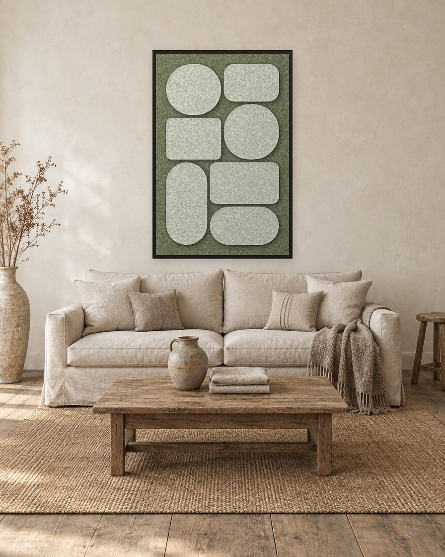 Monolith Fern viltpaneel met zwarte baklijst aan de wand in een landelijk interieur