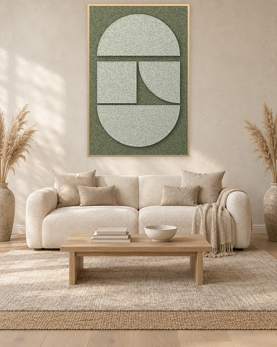 Counter Arch Fern viltpaneel met blanke baklijst aan de wand in een Scandinavisch interieur