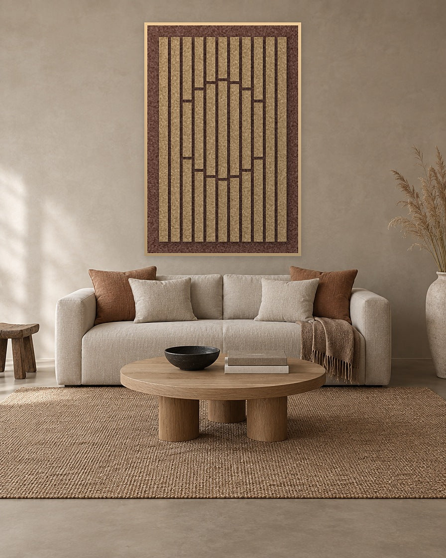 Striped Sun Latte viltpaneel met blanke baklijst aan de wand in een Japandi-interieur