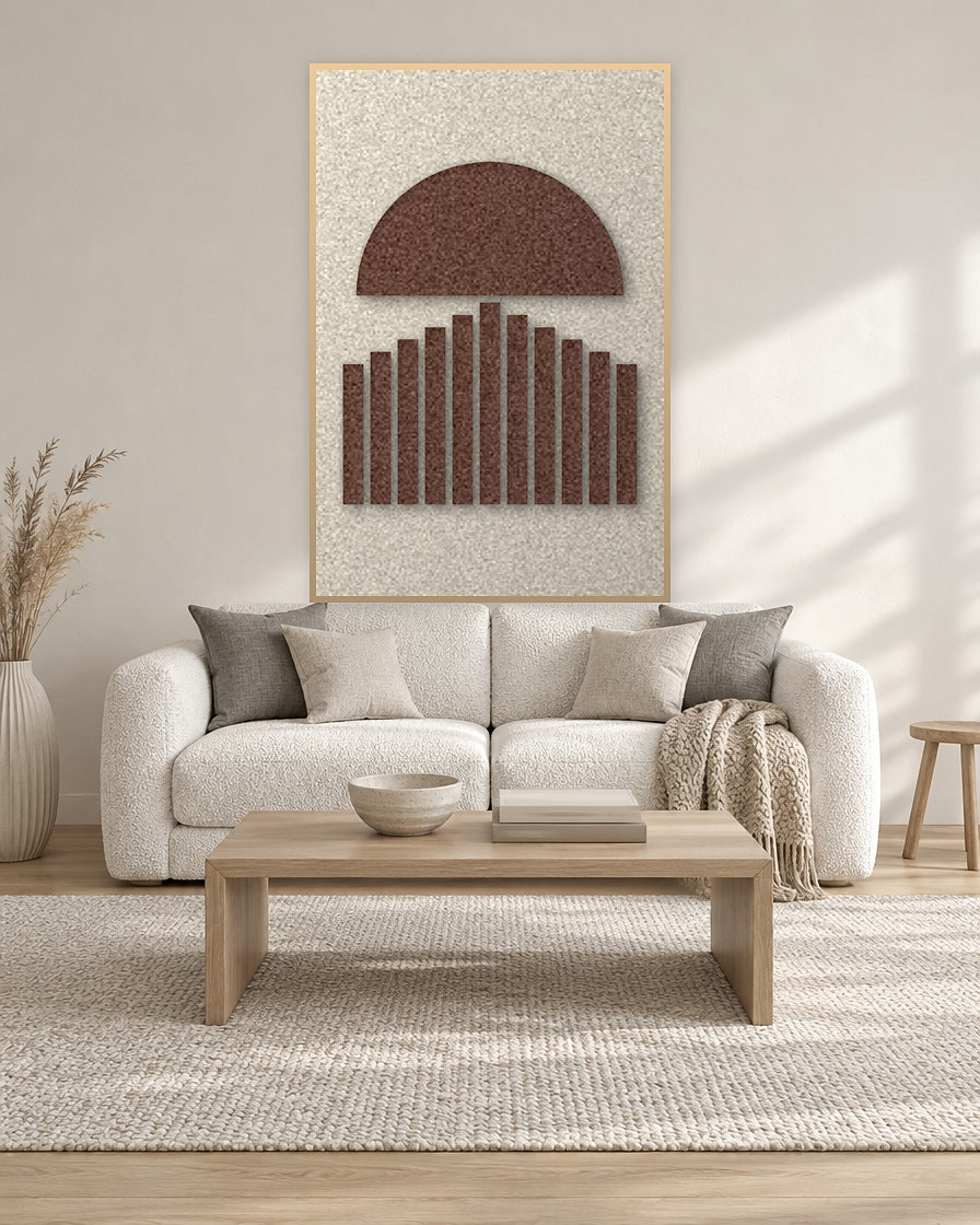 Sunset Stripes Cocoa viltpaneel met blanke baklijst aan de wand in een lichte woonkamer