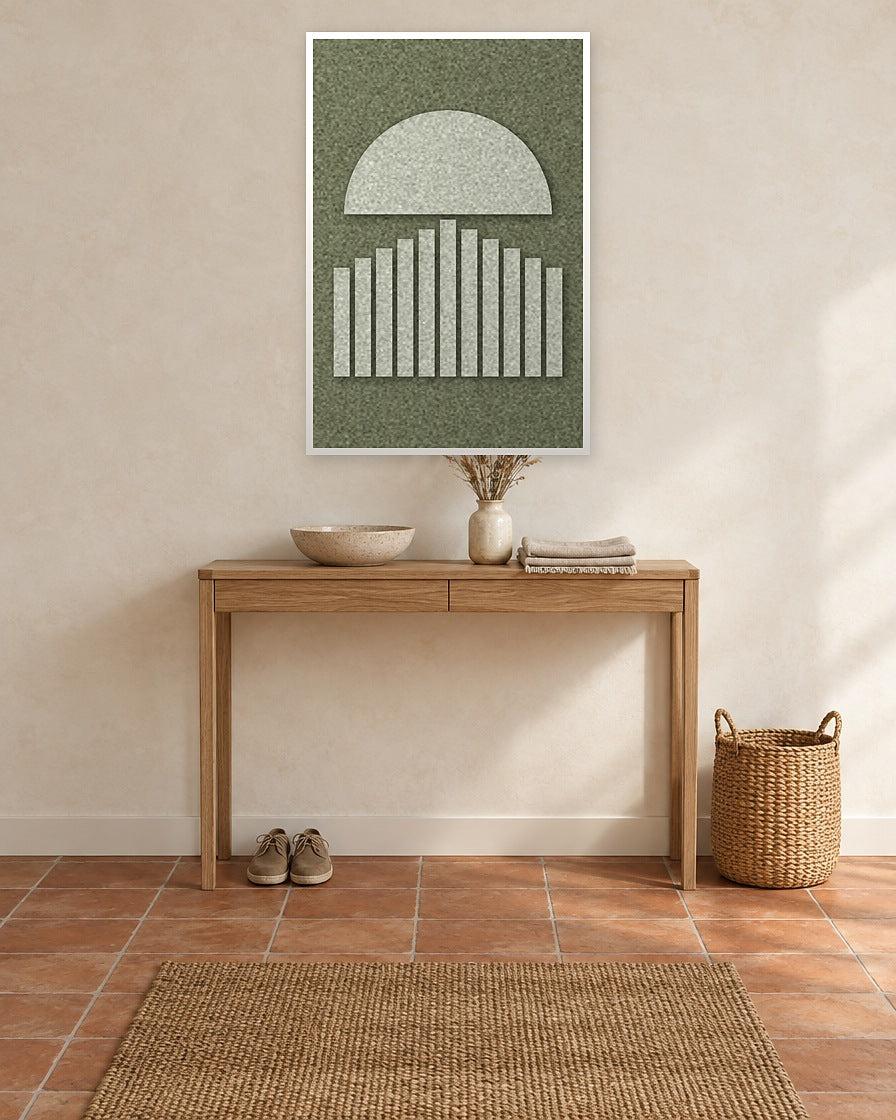 Sunset Stripes Fern viltpaneel met witte baklijst aan de wand in een hal