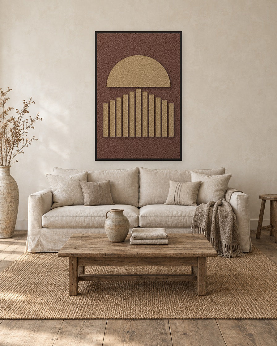 Sunset Stripes Latte viltpaneel met zwarte baklijst aan de wand in een landelijk interieur