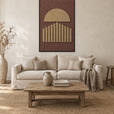 Sunset Stripes Latte viltpaneel met zwarte baklijst aan de wand in een landelijk interieur