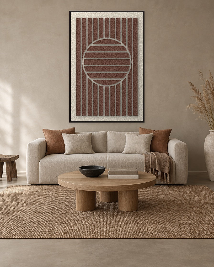Sun Rings Cocoa viltpaneel met zwarte baklijst aan de wand in een Japandi-interieur