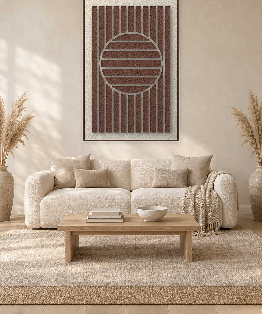 Sun Rings Cocoa viltpaneel met kastanjebruine baklijst aan de wand in een Scandinavisch interieur