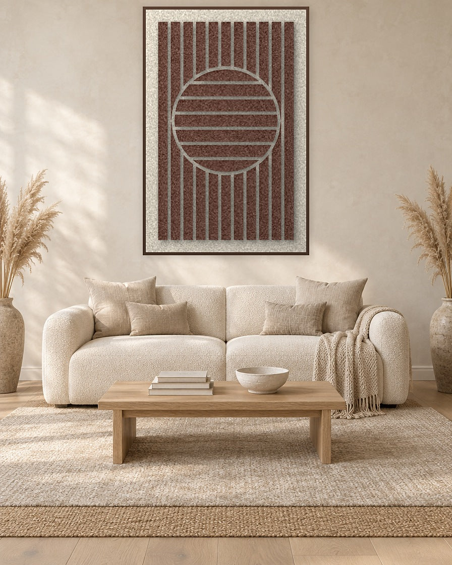 Sun Rings Cocoa viltpaneel met kastanjebruine baklijst aan de wand in een Scandinavisch interieur