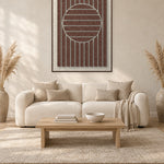 Sun Rings Cocoa viltpaneel met kastanjebruine baklijst aan de wand in een Scandinavisch interieur