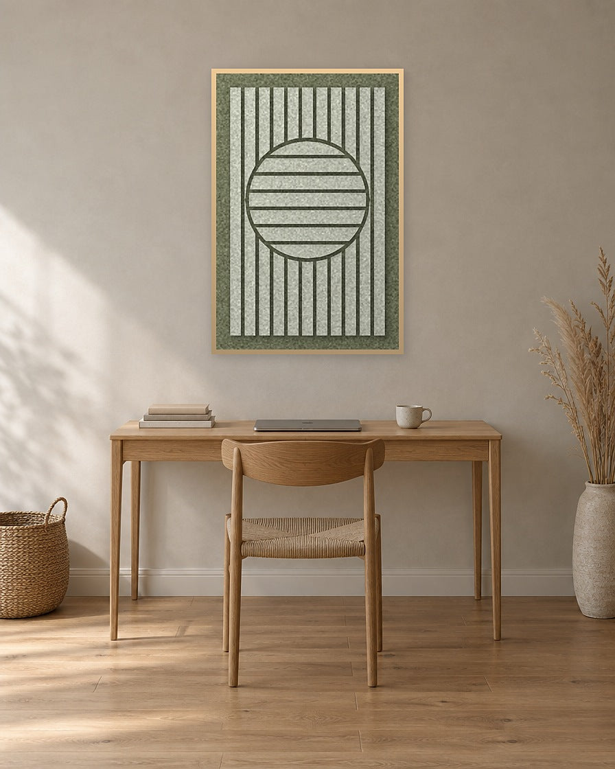 Sun Rings Fern viltpaneel met blanke baklijst aan de wand in een thuiskantoor