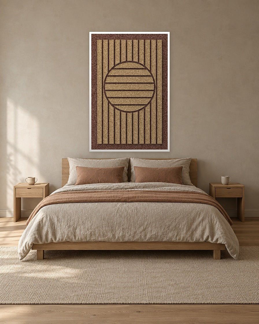 Sun Rings Latte viltpaneel met witte baklijst aan de wand in een Japandi-slaapkamer