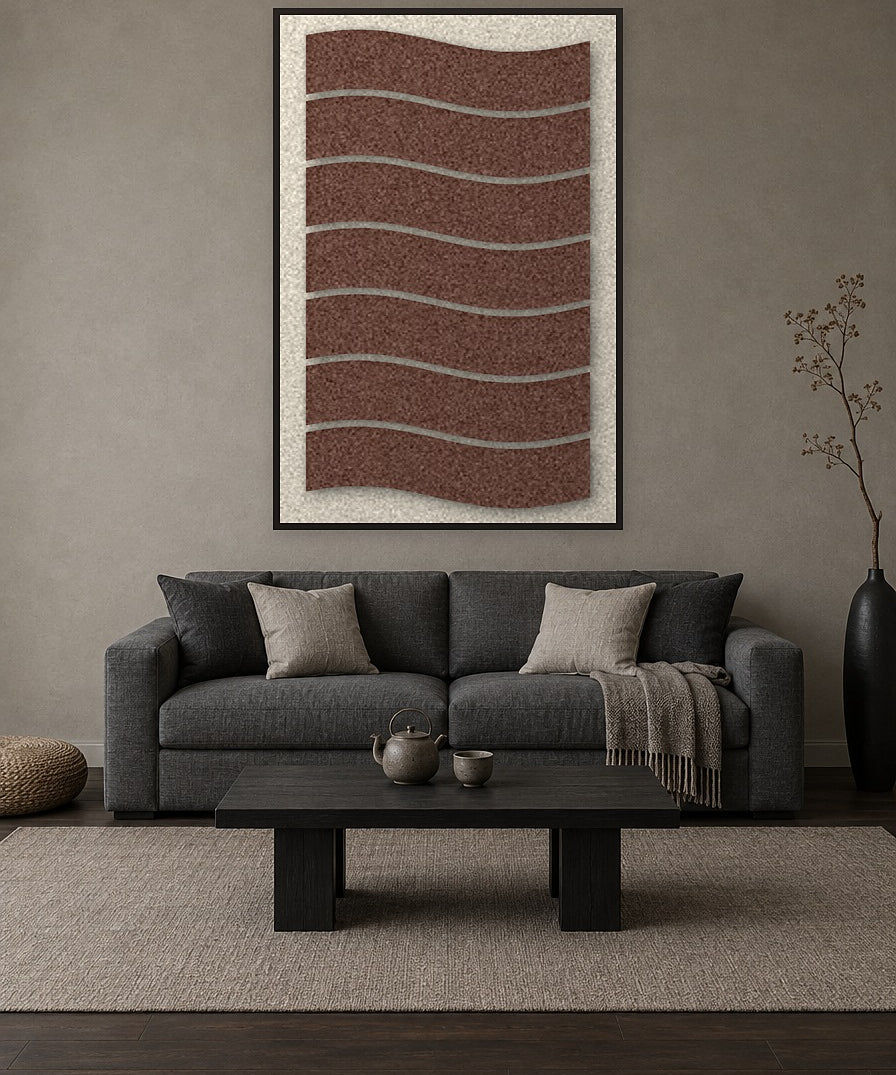 Flowline Cocoa viltpaneel met zwarte baklijst aan de wand in een rustig Japandi-interieur