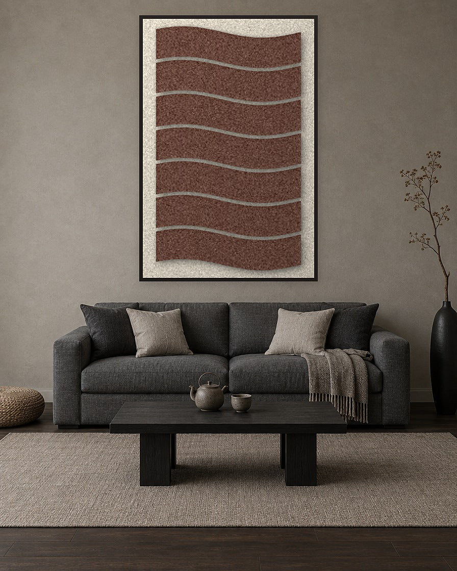 Flowline Cocoa viltpaneel met zwarte baklijst aan de wand in een rustig Japandi-interieur