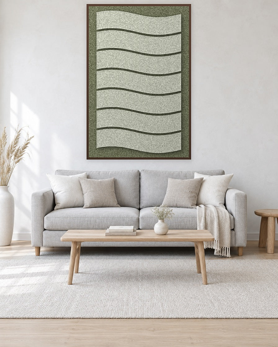 Flowline Fern viltpaneel met kastanjebruine baklijst aan de wand in een licht Scandinavisch interieur
