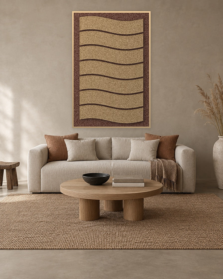 Flowline Latte viltpaneel met blanke baklijst aan de wand in een Japandi-interieur