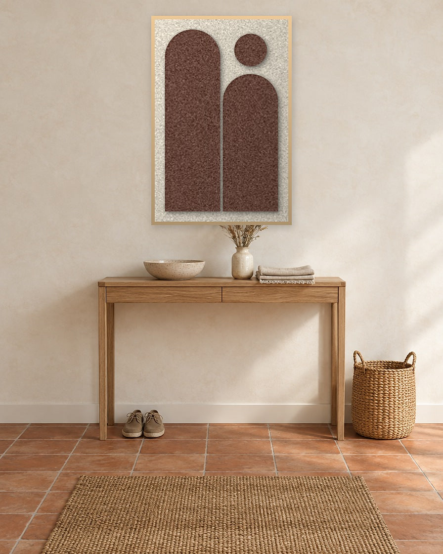 Arch Gate Cocoa viltpaneel met blanke baklijst aan de wand in een hal