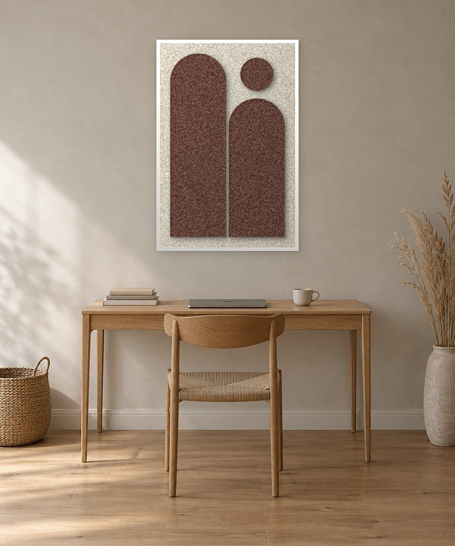 Arch Gate Cocoa viltpaneel met witte baklijst aan de wand in een thuiskantoor