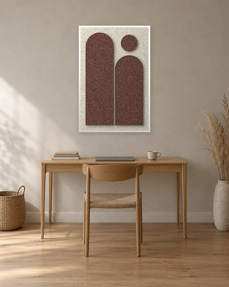 Arch Gate Cocoa viltpaneel met witte baklijst aan de wand in een thuiskantoor