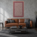 Coral Maze Red viltpaneel met blanke baklijst aan de wand in een industriële loft