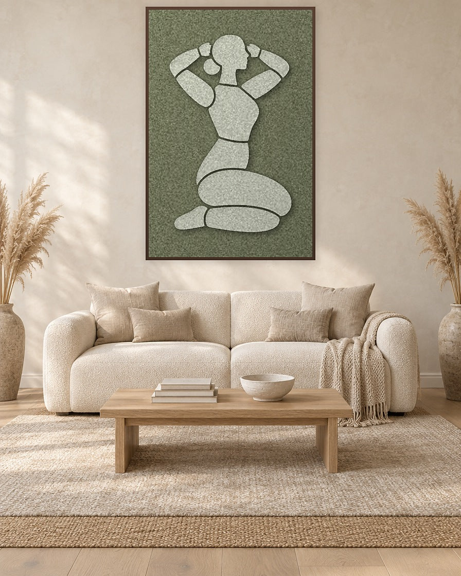 Morning Stretch Fern viltpaneel met kastanjebruine baklijst aan de wand in een Scandinavisch interieur