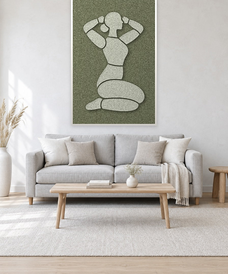 Morning Stretch Fern viltpaneel met witte baklijst aan de wand in een licht Scandinavisch interieur