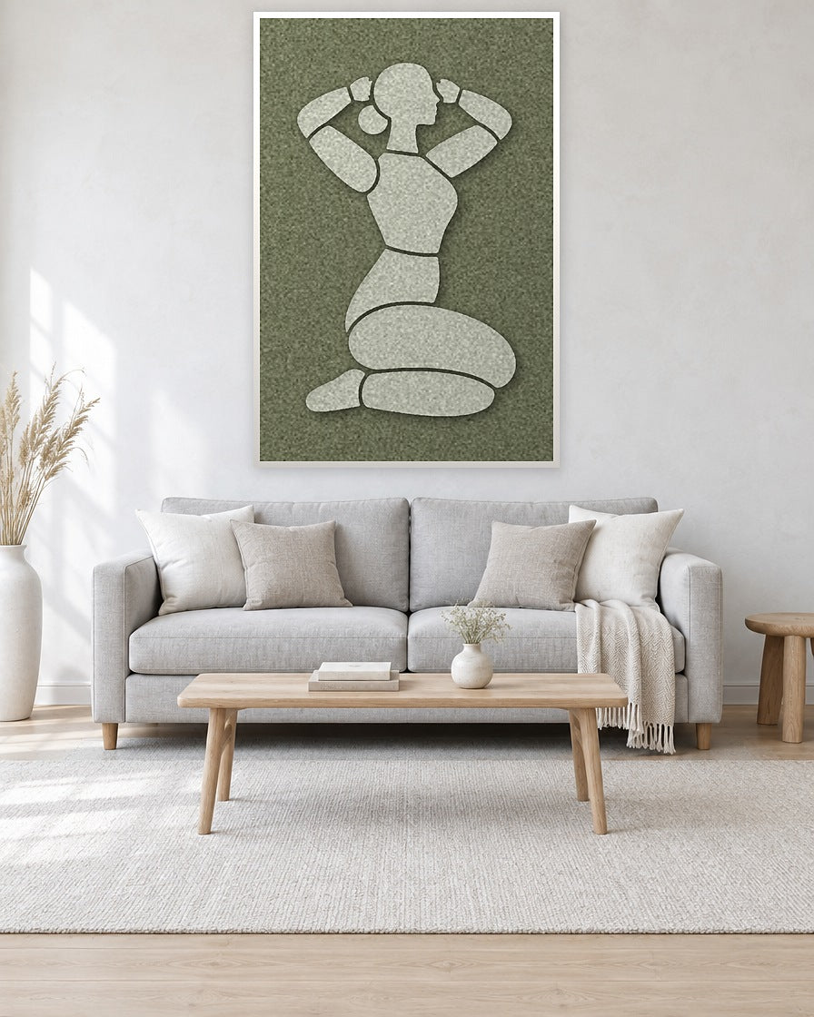 Morning Stretch Fern viltpaneel met witte baklijst aan de wand in een licht Scandinavisch interieur