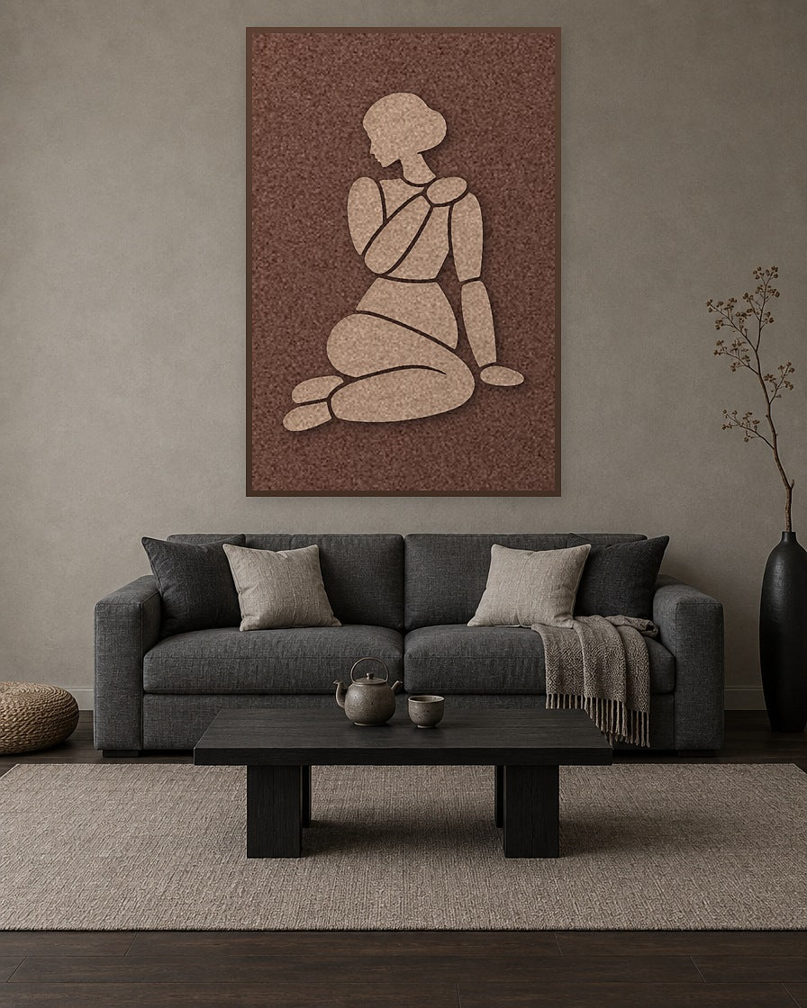 Tender Hold Cappuccino Filzpaneel mit kastanienbraunem Schattenfugenrahmen an der Wand in einem ruhigen Japandi-Interieur