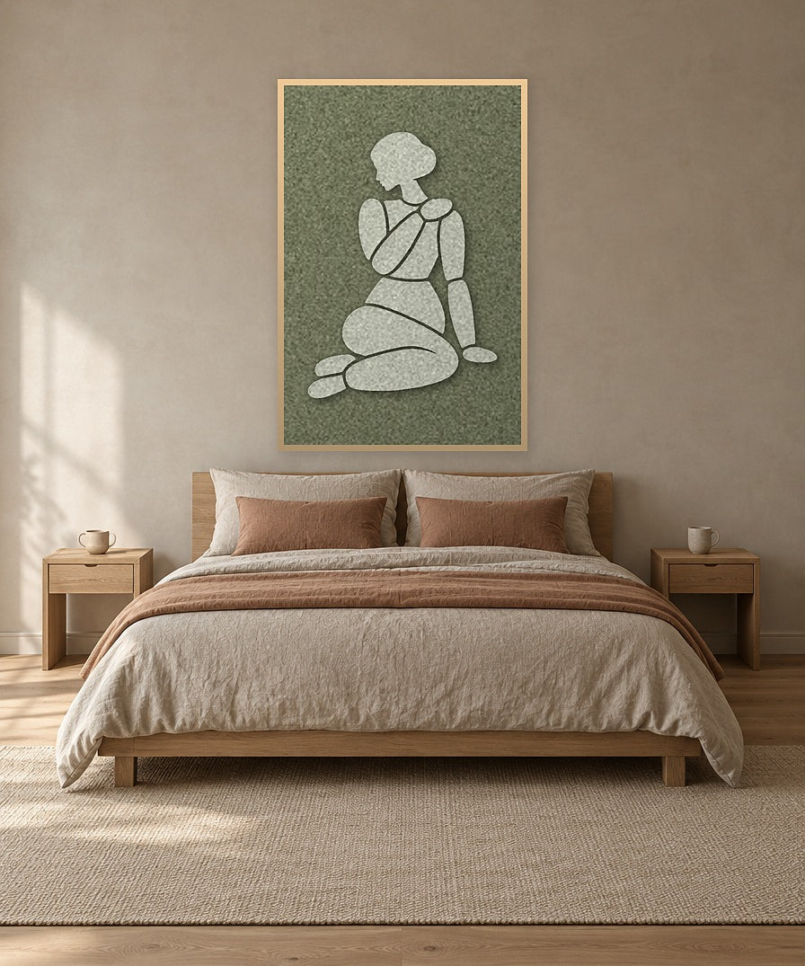 Tender Hold Fern viltpaneel met blanke baklijst aan de wand in een Japandi-slaapkamer