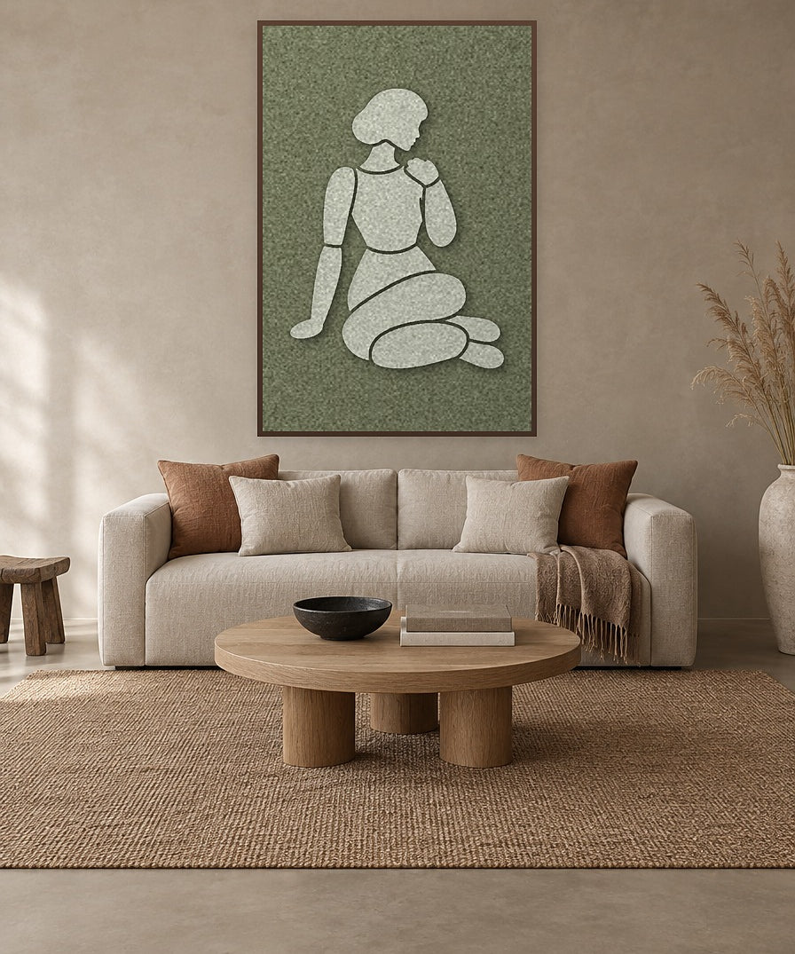 Shoulder Rest Fern viltpaneel met kastanjebruine baklijst aan de wand in een Japandi-interieur