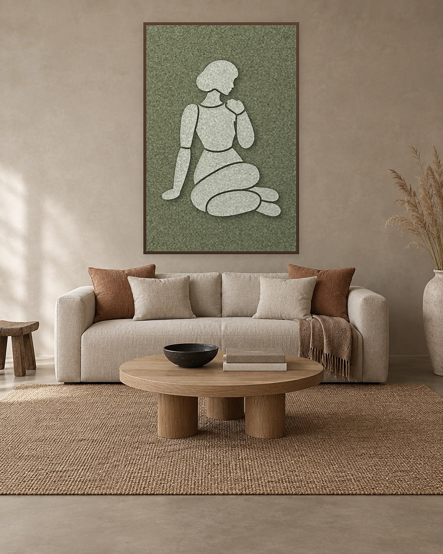 Shoulder Rest Fern viltpaneel met kastanjebruine baklijst aan de wand in een Japandi-interieur