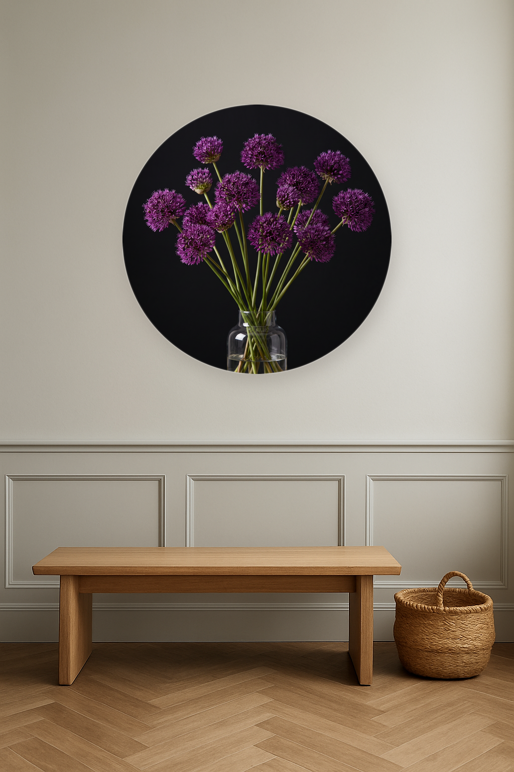 Allium Nocturne ronde wanddecoratie in modern interieur