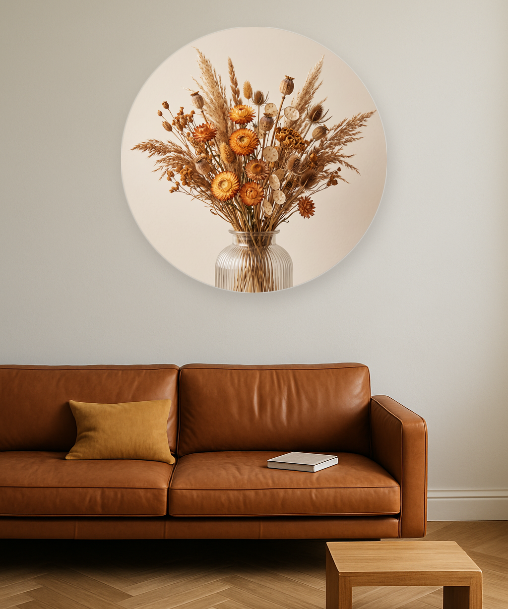 Amber Stillness ronde wanddecoratie in modern interieur