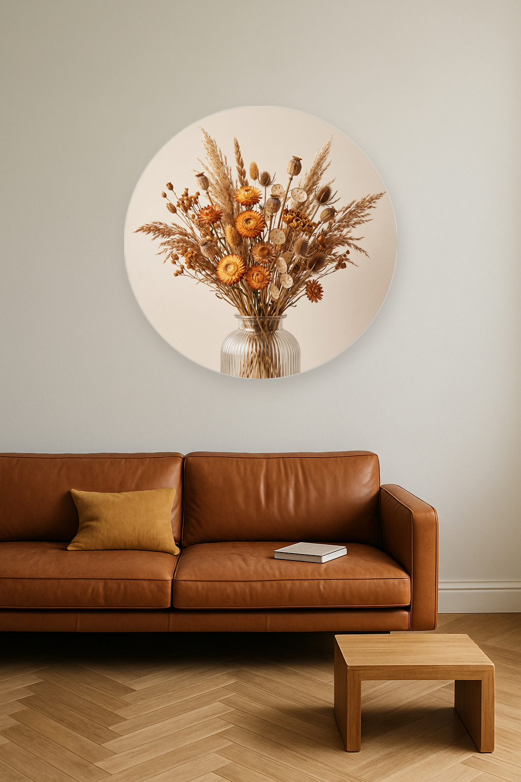 Amber Stillness ronde wanddecoratie in modern interieur