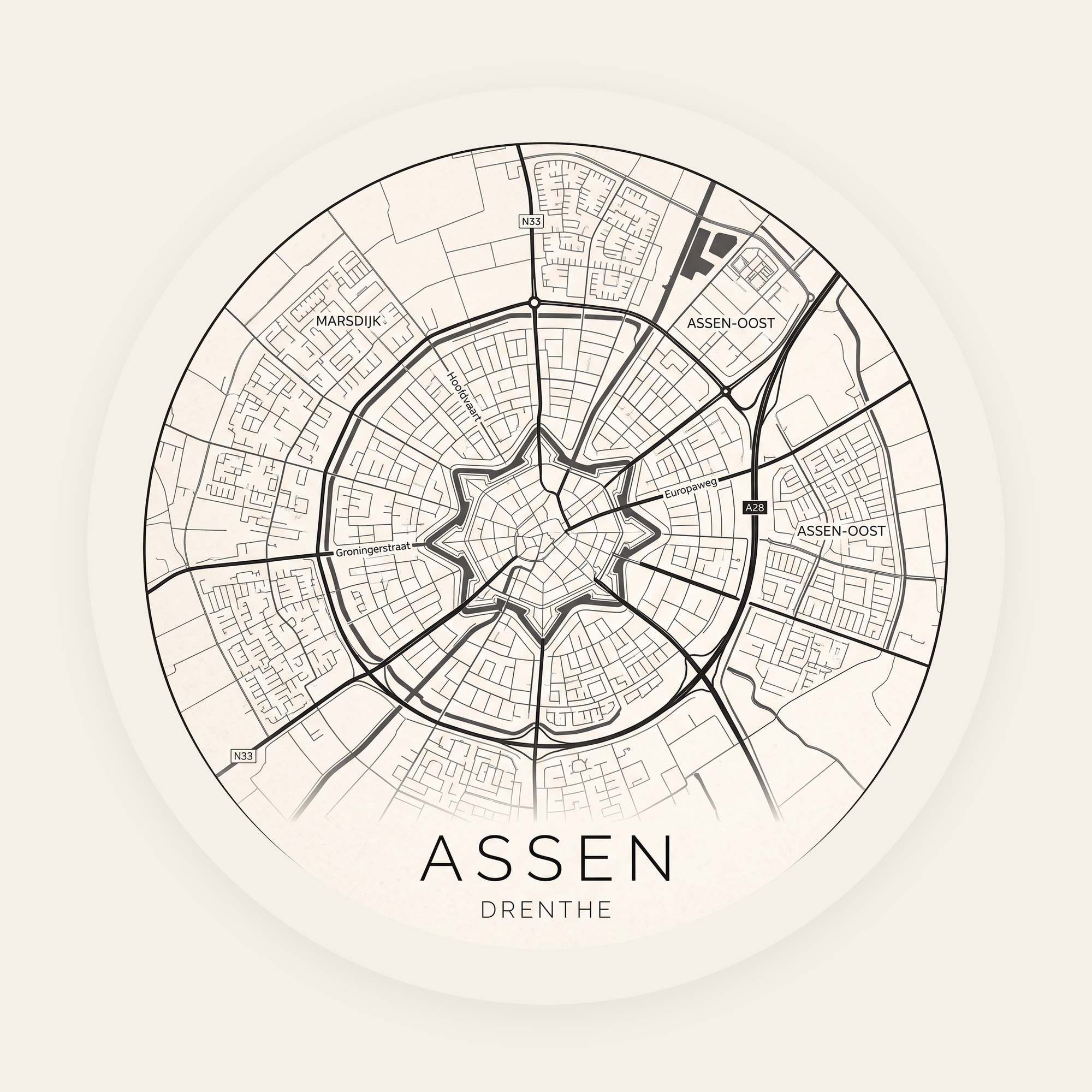 Assen stadskaart rond
