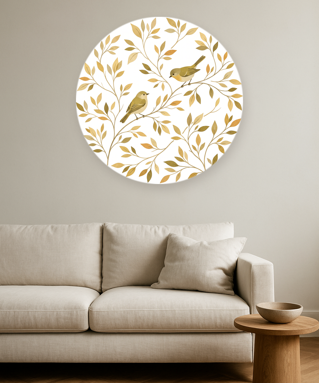 Gilded Songbirds ronde wanddecoratie in modern interieur