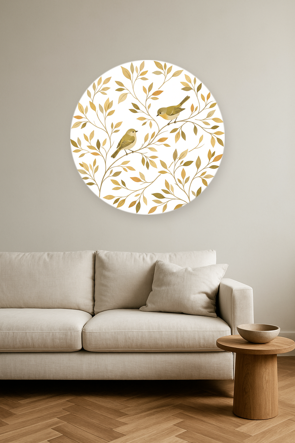 Gilded Songbirds ronde wanddecoratie in modern interieur