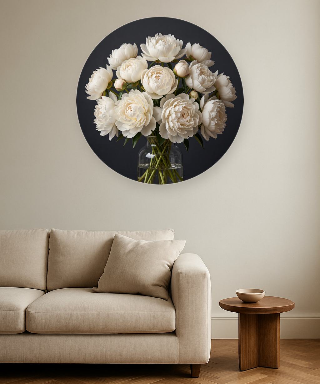 Ivory Peony ronde wanddecoratie in modern interieur