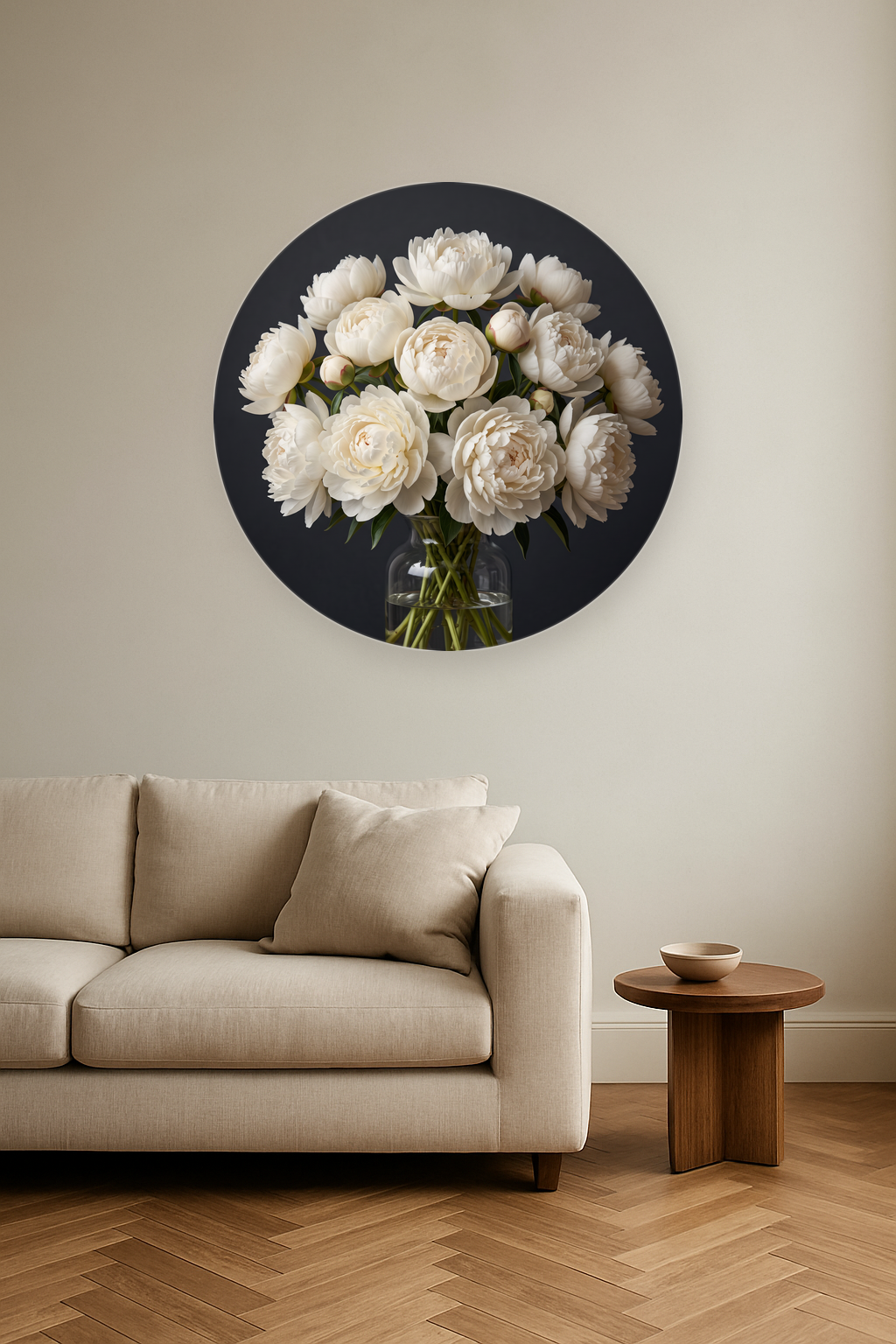 Ivory Peony ronde wanddecoratie in modern interieur