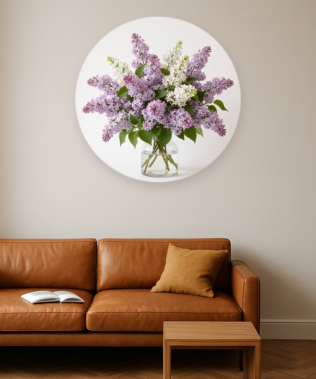 Lilac Plume ronde wanddecoratie in modern interieur