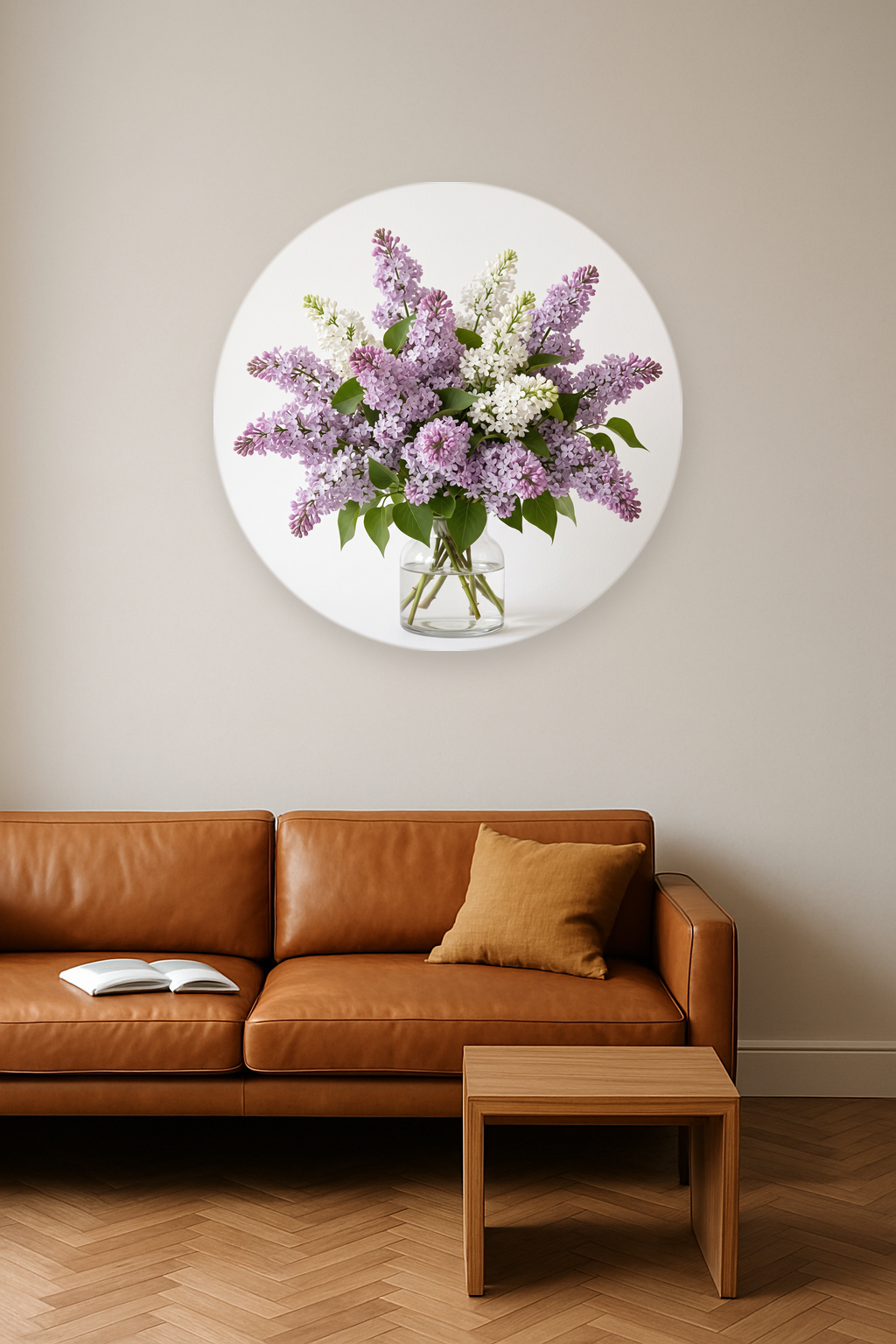 Lilac Plume ronde wanddecoratie in modern interieur