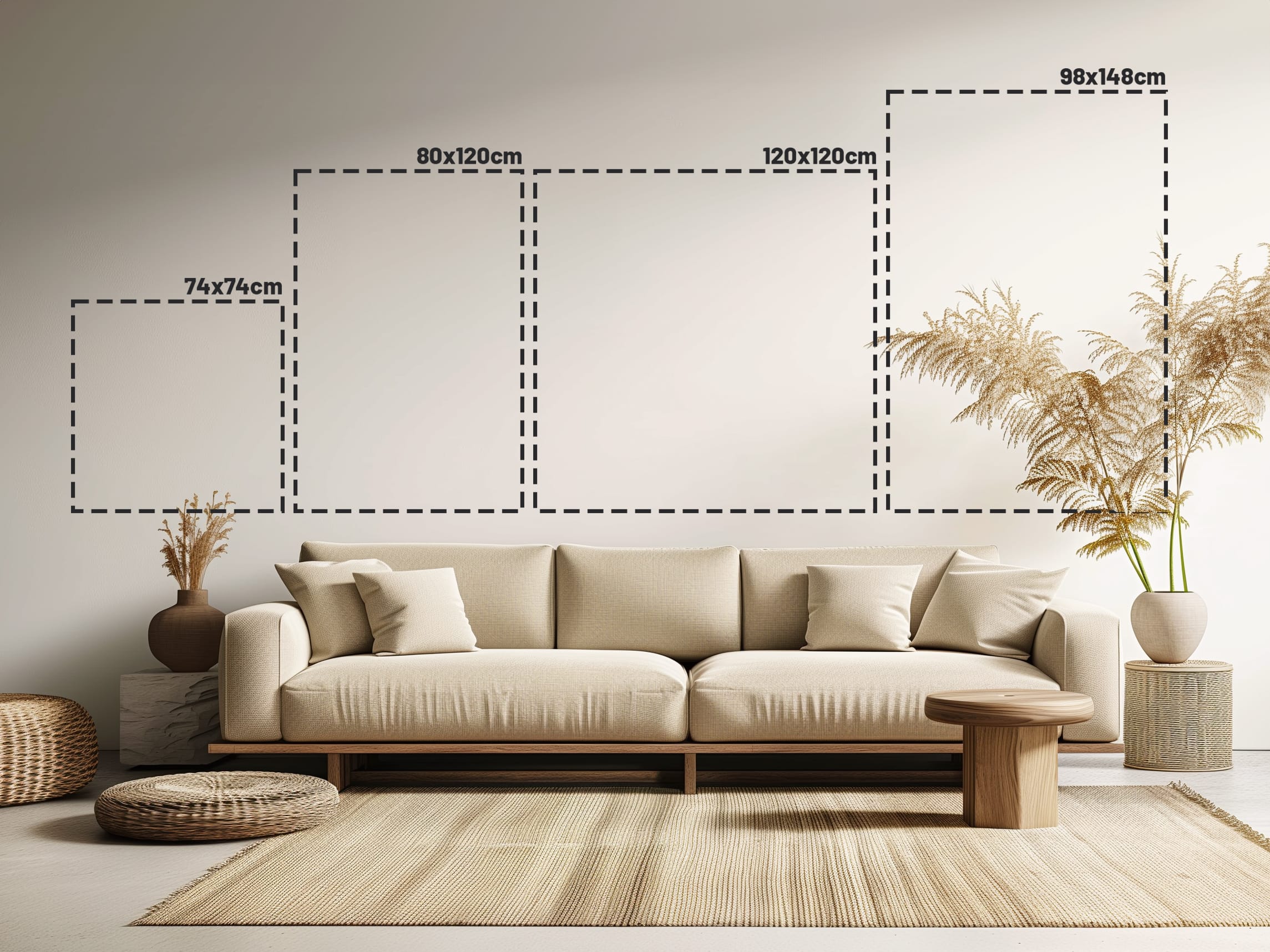 Wandkraft wanddecoratie: maatvoering akoestisch vilt paneel in vier formaten tegen een wand met bank. voor een stijlvol interieur