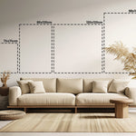 Décoration murale Wandkraft : dimensions du panneau en feutre acoustique en quatre formats sur un mur au-dessus d'un canapé. pour un intérieur élégant