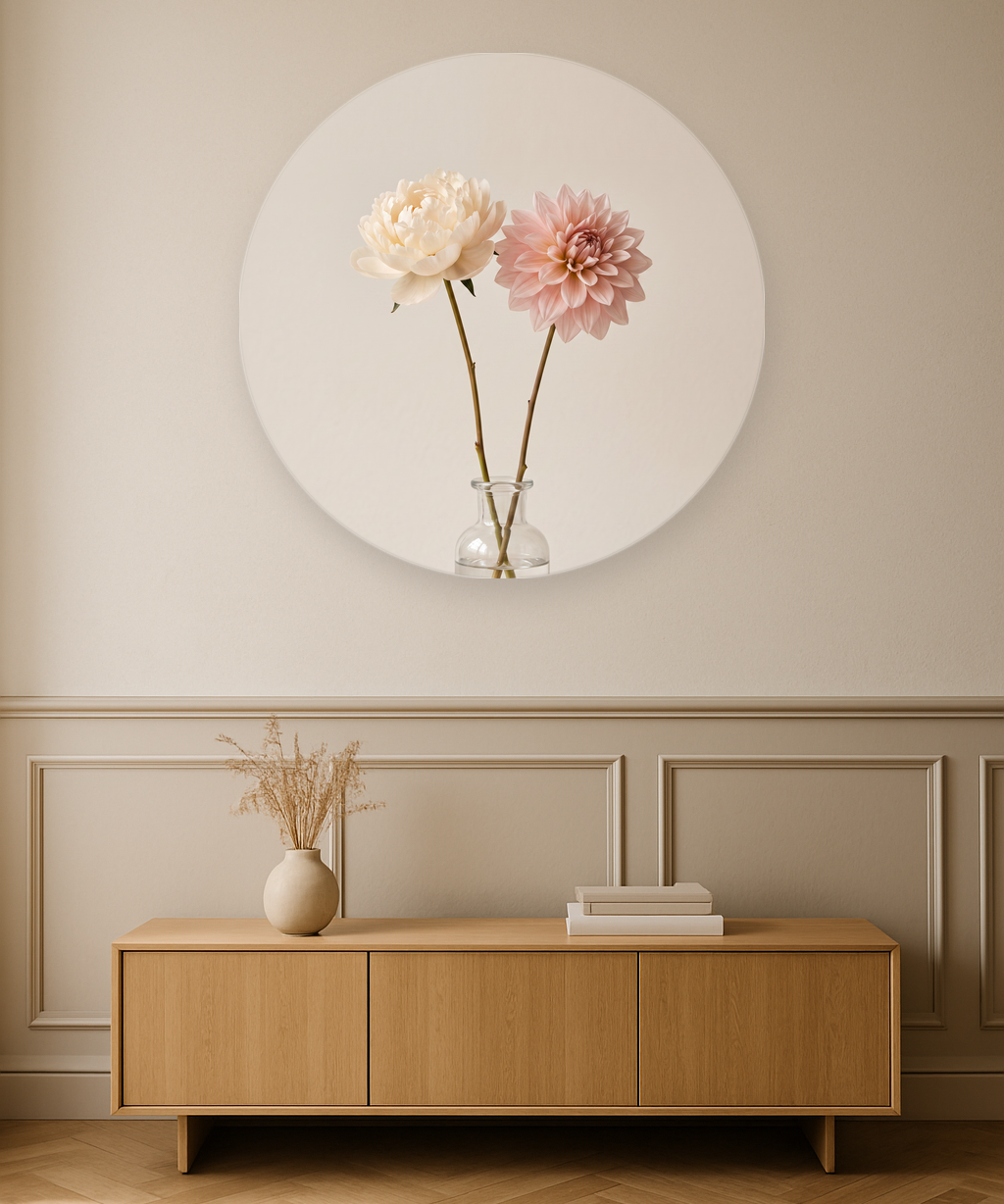 Quiet Duet ronde wanddecoratie in modern interieur